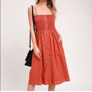 nwt lulus terra cotta button front midi dress